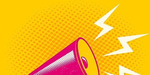 Pink graphic loudspeaker against a yellow background